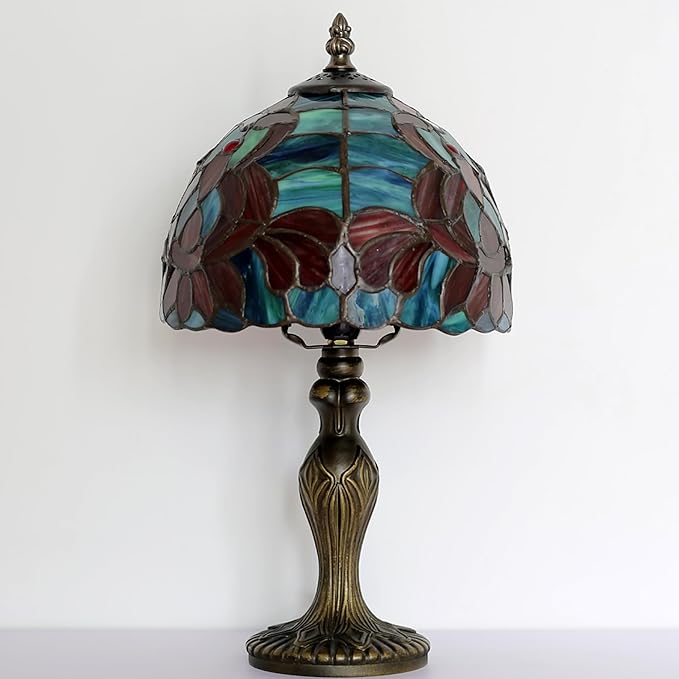 Tiffany Style Lamp Stained Glass Table Lamp 8 x 14.5 Mini Accent Light Lotus Design Small Decorative Bedside Memory Lamp