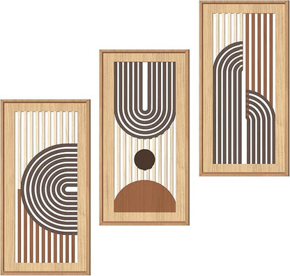 IARTTOP Mid-century Modern Boho Wooden Wall Art Framed 8x16 Inch Orange Abstract Bohemian Wood Wall Decor Set of 3 Minimalist Geometry Artwork for Living room Bedroom Office