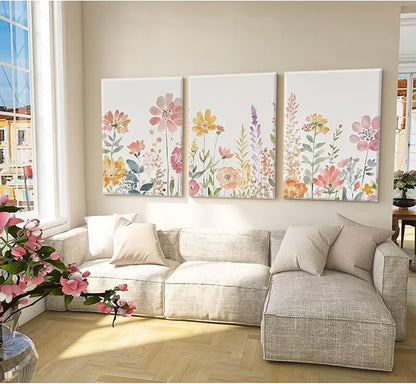 Watercolor Wildflower Wall Art Decor Colorful Flower Pictures Canvas Floral Botanical Wall Art Vintage Prints Poster Floral Painting Artwork for Living Room Bedroom 12x16 Inch Framed Set of 3