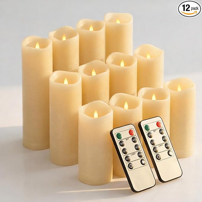 Waterproof Flameless Candles, 12 PC Battery Operated LED Pillar Candles with 2 Remote Controls & Timer, Flickering Indoor Outdoor Candles for Wedding, Patio, Easter, Bathroom, Home Decor, 4''5''6''
