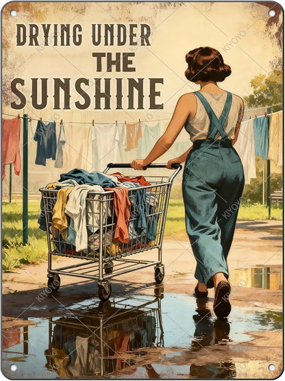 Drying Under The Sunshine Tin Sign Rustic Laundry Room Decor Vintage Metal Wall Art for Farmhouse Kitchen Bathroom 16x12 Inch