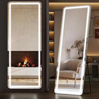 Sweetcrispy Full Length Mirror with LED Lights, 71.3"x26.5" Lighted Full Body Floor Mirror with Dimming & 3 Color Lighting, Stand for Bedroom, Dressing Room, White
