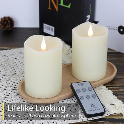 TECHLONG Flameless Candles Battery Operated with Remote Timer, 3D Moving Flame Flickering, Last 600+ Hours Battery Candles, 3" x 4" Ivory Real Wax Electric LED Candle for Wedding Party, Set of 2