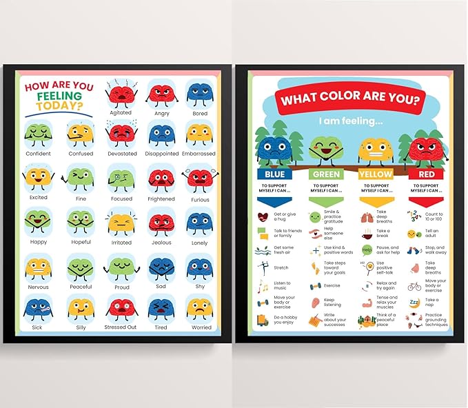 ajdvart Feelings Chart for Kids & Teens - How Are You Feeling Today 2 Posters Set Mental Health Emotions Posters for Therapy, Calm Down Corner, Classroom - Unframed Canvas 12"x16"