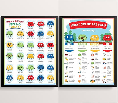 ajdvart Feelings Chart for Kids & Teens - How Are You Feeling Today 2 Posters Set Mental Health Emotions Posters for Therapy, Calm Down Corner, Classroom - Unframed Canvas 12"x16"
