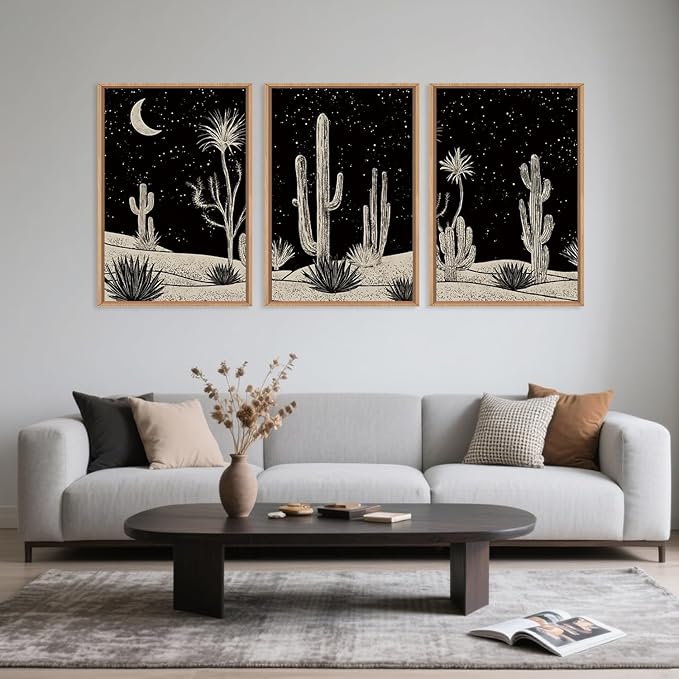 Desert Night Cactus Framed Wall Art Set,Modern Southwestern Black and White Wall Decor,Nature Rustic Moon and Stars Artwork for Living Room,Bedroom-24 x36 x3