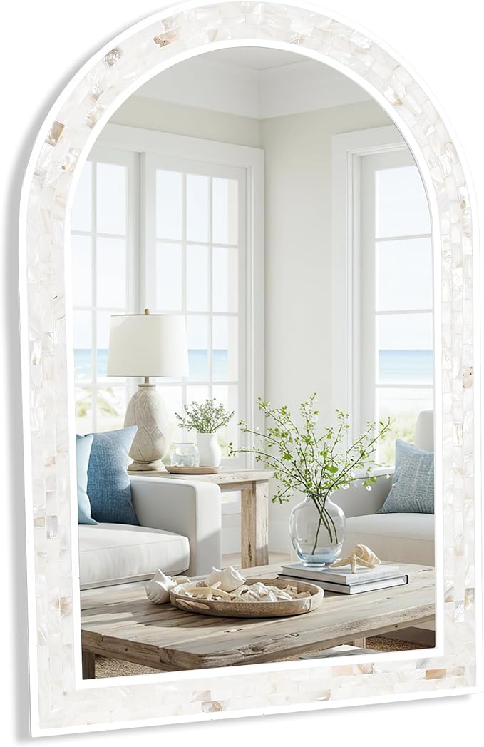 Tanmicoshomy White Arched Wall Mirror 24x36 Inch, Mosaic Shell Framed Bathroom Mirrors with Tempered Glass for Bathroom Living Room Bedroom or Entryway