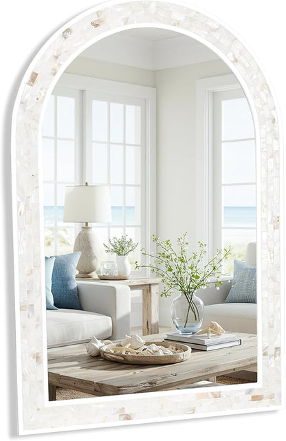 Tanmicoshomy White Arched Wall Mirror 24x36 Inch, Mosaic Shell Framed Bathroom Mirrors with Tempered Glass for Bathroom Living Room Bedroom or Entryway