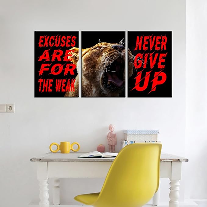 Motivational Wall Art Excuses Are for the Weak Poster Inspirational Quotes Never Give up Painting 3 Pieces Canvas Print Office Decor Inspiring Framed Decoration Ready to Hang [48''W x 24''H]