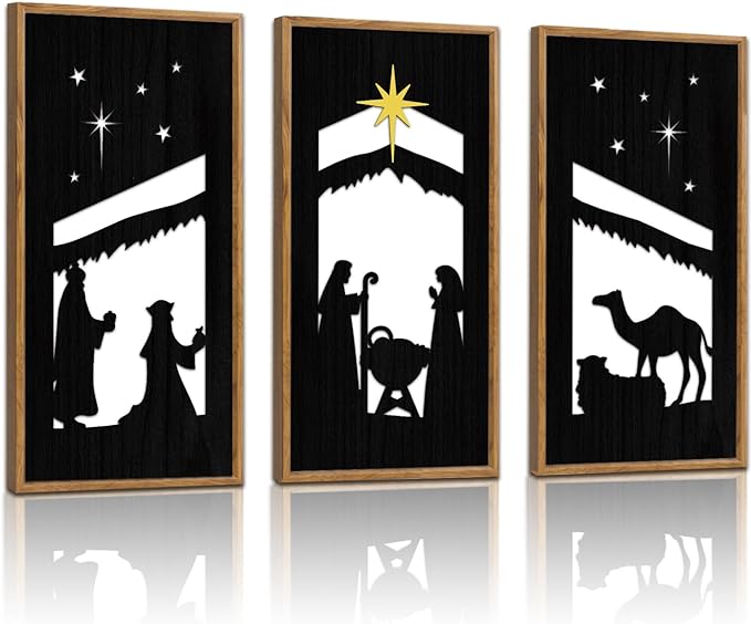 KARNE Christian Wooden Wall Art, Set of 3,Framed Nativity Scene Wall Decor,Abstract Baby Room Nursery Artwork Prints,Large Religious Family Decor for Living Room Bedroom Kitchen Decoration,8X16 inch