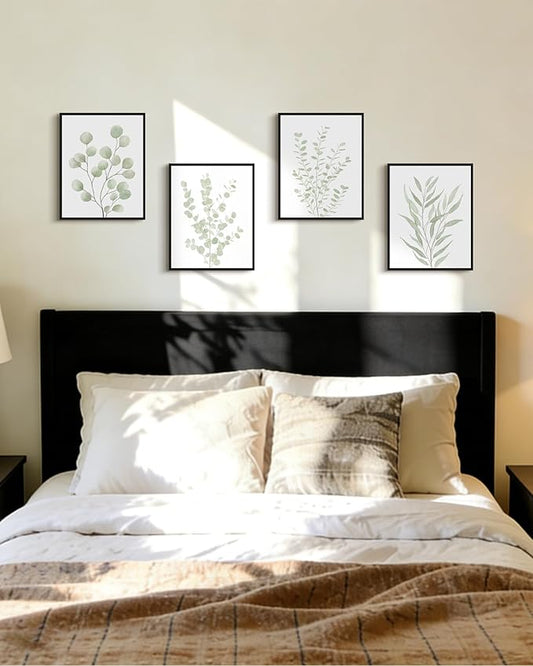 Drsoum Botanical Plant Framed Wall Art Boho Wall Decor for Bathroom Sage Green Eucalyptus Leaf Prints Minimalist Aesthetic Ready to Hang Set of 4, 11x14 in (Black Framed)
