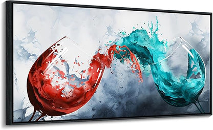 Framed Blue & Red Wine Glass Collisions Canvas Art | 24x48 inches | Modern Kitchen & Dining Room Decor | Abstract Wine Cup Painting | Contemporary Bar & Living Room Wall Art | pictures wall decor