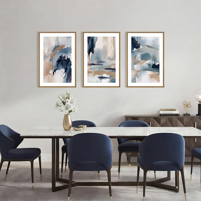KAIRNE Blue Abstract Neutral Framed Canvas Wall Art Set, Navy Abstract Wall Decor, Watercolor Blue and Brown Wall Painting, Modern Textured Art Prints for Living Room, Bedroom, Office-24 x36 x3