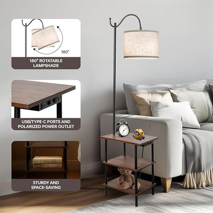EOEYYOYB Floor Lamp with 3-Tier Shelves, End Table Lamp with USB Charging Port Power Outlet, Side Table Reading Light with 3 Color Temperature Led Bulb Included, Floor Lamps for Living Room, Walnut
