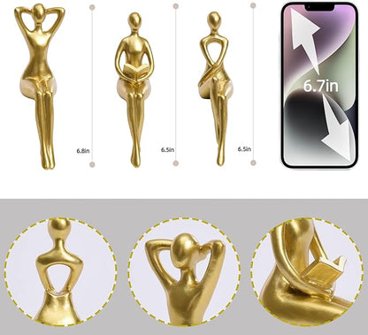 Quoowiit Gold Decor Thinker Statue Decor Book Shelf Decor, Abstract Statue Ornament Office Decor Modern Home Decor Decorations for Living Room Collectable Figurines Coffee Table Decor 3 Piece