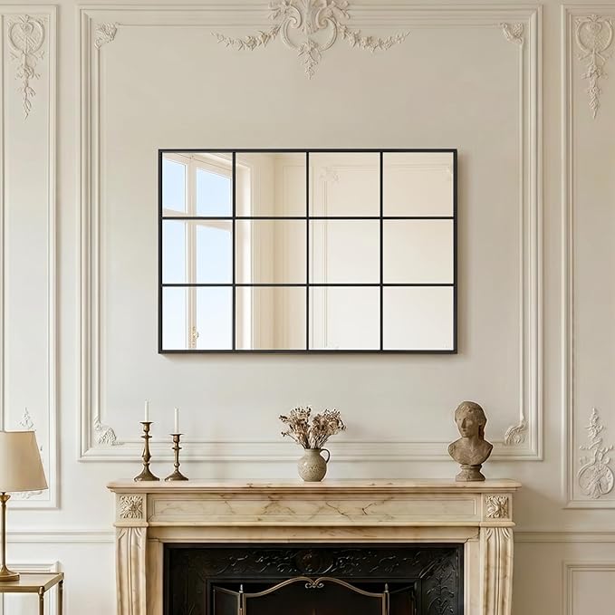 Anpark Windowpane Wall Mirror 24"x36" Black Wall Mounted Art Pane Mirror Farmhouse Decorative Mirror Leaning Hanging Wall Mirror for Bedroom Living Room Entrance Hallway Wall Decor
