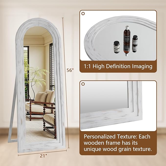 MELOMOIR Arched Full Length Mirror with Solid Wood Frame, 56"x21" Rustic Farmhouse Floor Mirror with Stand, Free Standing Leaning Hanging, for Bedroom Living Room Dressing Room, Weathering White