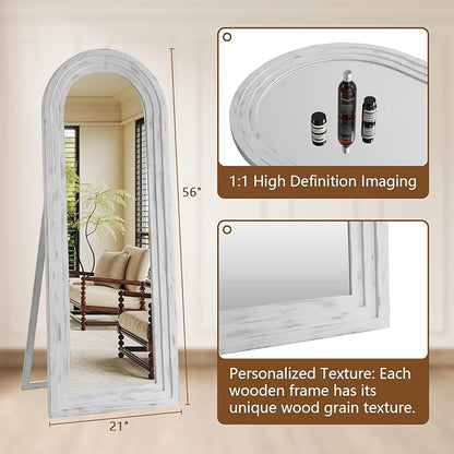 MELOMOIR Arched Full Length Mirror with Solid Wood Frame, 56"x21" Rustic Farmhouse Floor Mirror with Stand, Free Standing Leaning Hanging, for Bedroom Living Room Dressing Room, Weathering White