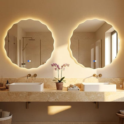 Dorlicecass Round Led Bathroom Mirror- 24" Wavy Vanity Mirror with Lights IP54 Enhanced Anti-Fog,Single Piece 3 Colors Dimmable, Memory,Tempered Glass,UL Listed
