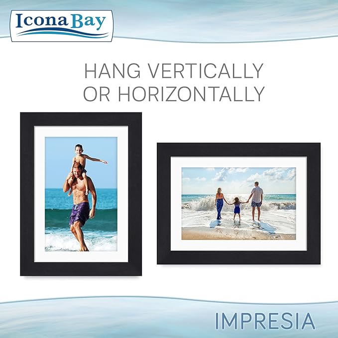 Icona Bay 5x7 Picture Frame Set w/Removable Mat to 4x6 (Black, 10 Pack), Simple Modern Design, Table Top Kickstand and Wall Hanging Hooks Included, Impresia Collection