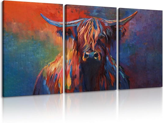 Cow Canvas Wall Art Abstract Highland Cow Painting 3 Panels Texas Longhorn Posters and Prints for Living Room Home Office Bar Toilet Bedroom Guest Room Decoration, Framed 72" L x 36" W