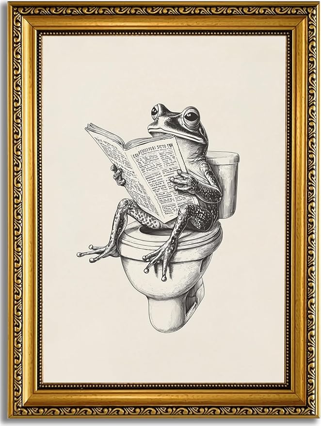 YD&YZY Gold Framed Funny Bathroom Frog Wall Art Canvas Frog on Toilet Reading Newspaper Wall Decor Unique Cute Animal Painting Picture Print Artwork for Bedroom Bathroom 12x16 inch Framed