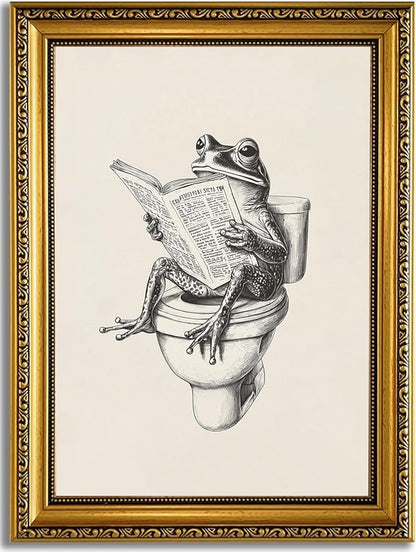 YD&YZY Gold Framed Funny Bathroom Frog Wall Art Canvas Frog on Toilet Reading Newspaper Wall Decor Unique Cute Animal Painting Picture Print Artwork for Bedroom Bathroom 12x16 inch Framed