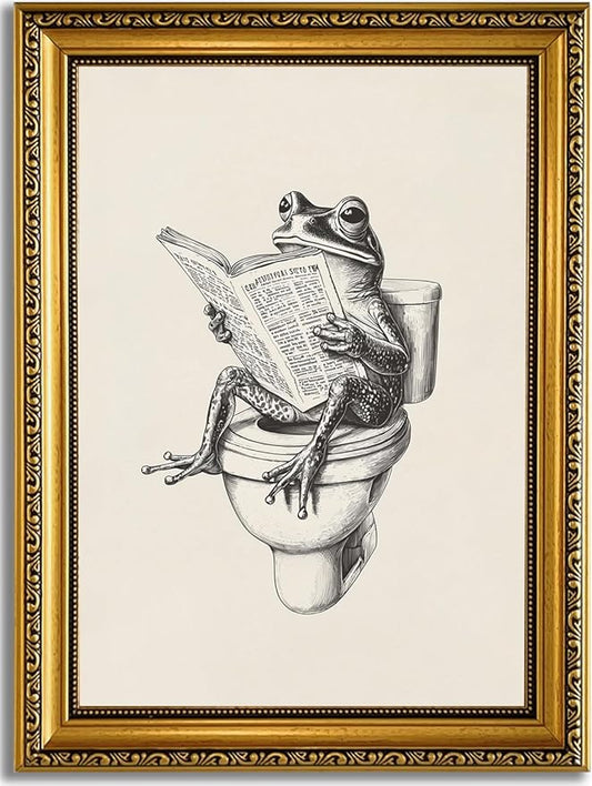 YD&YZY Gold Framed Funny Bathroom Frog Wall Art Canvas Frog on Toilet Reading Newspaper Wall Decor Unique Cute Animal Painting Picture Print Artwork for Bedroom Bathroom 12x16 inch Framed
