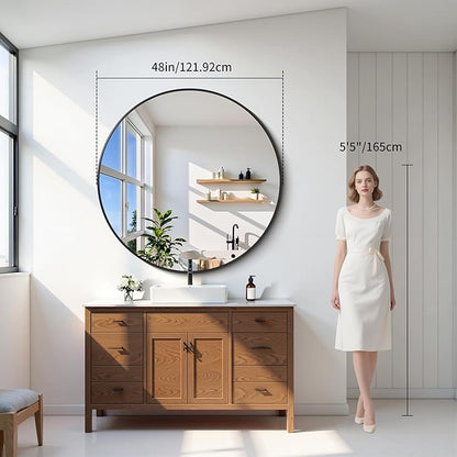 Black Round Mirror, 48 inch Large Circle Mirrors, Oversized Round Bathroom Mirrors, Aluminum Metal Frame Big Round Mirror, Huge Circluar Wall Mirror for Bathroom Living Room Entryway Bedroom