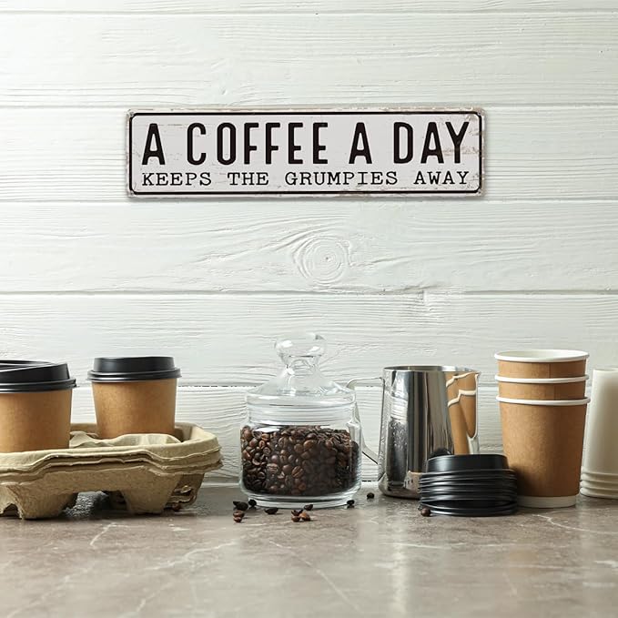 Coffee Signs Decor, A Coffee A Day Keeps the Grum Pies Away Sign, Farmhouse Wall Decor for Home, Vintage Bar or Dorm, Retro Metal Tin Sign, Decorative Metal Wall Signs 15.8x4 Inches