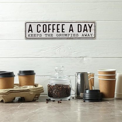 Coffee Signs Decor, A Coffee A Day Keeps the Grum Pies Away Sign, Farmhouse Wall Decor for Home, Vintage Bar or Dorm, Retro Metal Tin Sign, Decorative Metal Wall Signs 15.8x4 Inches