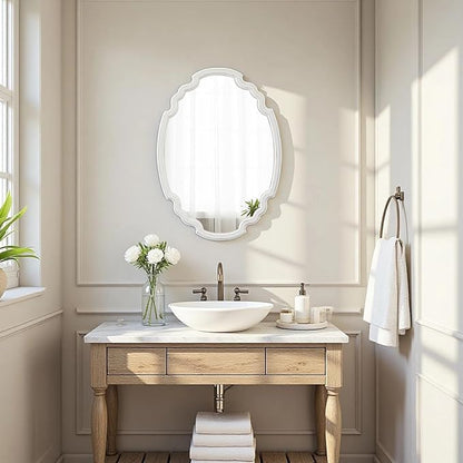Rustic Oval Mirror 22 X 30 Inch, Hanging Distressed White Scalloped Wood Framed Vintage Mirrors for Wall Decor, Farmhouse Mirror Wall Decor for Bathroom Hallway, Horizontal or Vertical