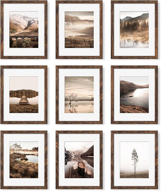 YESKAY 11x14 Picture Frame Set of 9, Photo Gallery Wall Frame Set, Display Pictures 8x10 with Mat or 11 x 14 Without Mat, Multi Photo Frames for Wall Mounting or Table Top Display, Rustic Brown