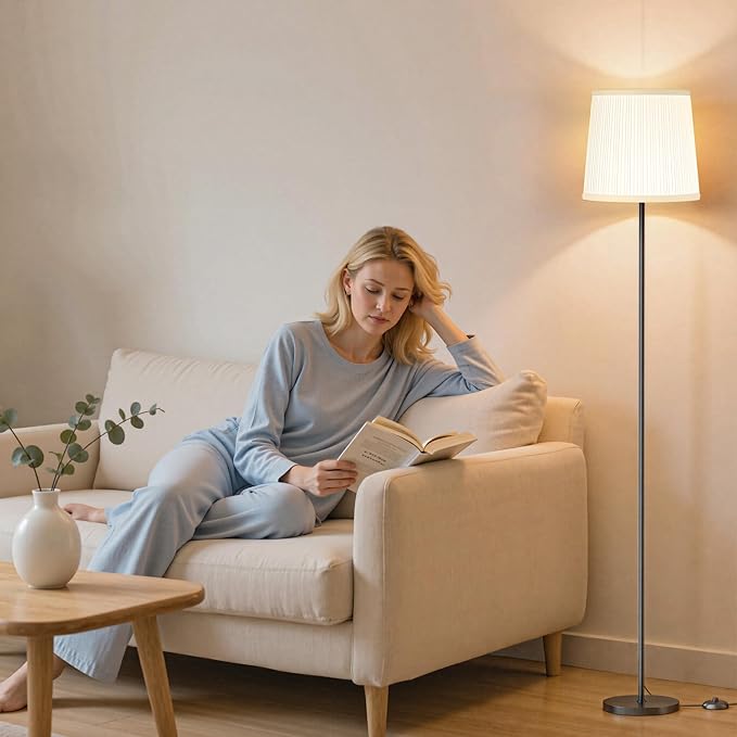 SIBRILLE Floor Lamp with Pleated Shade, 62" LED Dimmable Standing Lamp with Foot Switch, Color Options, 9W E26 Bulb Included, Modern Reading Light for Living Room Bedroom Office Corner, Black