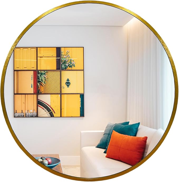 Oruii Gold Round Mirror 28 inch, Large Golden Circle Mirror Metal Frame, Large Brass Circular Mirrors for Living Room, Dining Room, Entryway, Hallway, Foyer, Bathroom, Wall