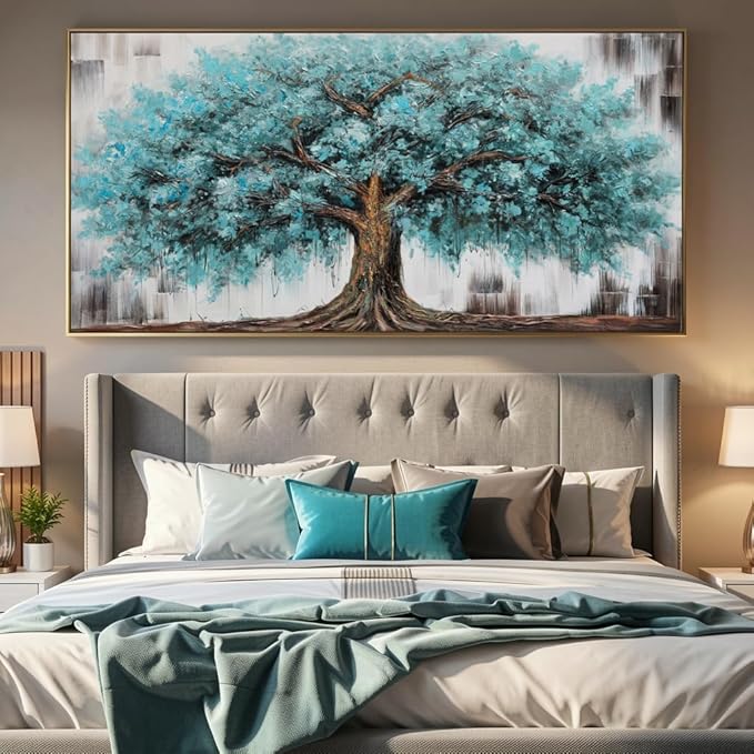 Wall Art Tree of Life Abstract Modern Artwork Blue Teal Tree Canvas Painting for Bedroom Living Room Office Large Decor 60X30in with Framed