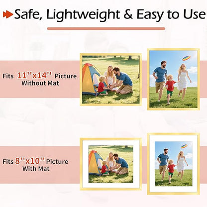 11x14 Picture Frame Set of 8, Gold Wall Gallery Hanging Photo Frames, Display Pictures 8x10 with Mat or 11x14 Without Mat, Poster Frames with Plexiglass for Home Office Wall Decor