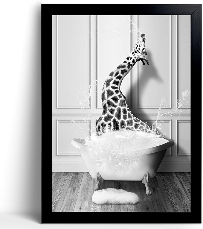Funny Giraffe Poster - Funny Bathroom Wall Art Decor, Waterproof Black and White Quality Canvas Wall Art Pictures, Wood Framed Bathing Animals Abstract Prints for Bedroom Kids Room