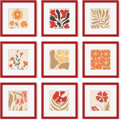 YESKAY 12x12 Picture Frame Set of 9, Photo Gallery Wall Frame Set, Display Pictures 8x8 with Mat or 12 x 12 Without Mat, Square Frame Picture Frames Collage Wall Decor, Red