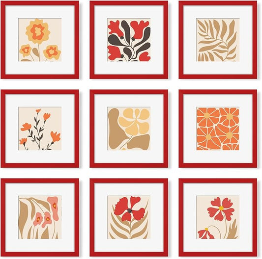 YESKAY 12x12 Picture Frame Set of 9, Photo Gallery Wall Frame Set, Display Pictures 8x8 with Mat or 12 x 12 Without Mat, Square Frame Picture Frames Collage Wall Decor, Red