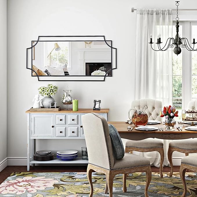 Large Black Mirror for Wall, 47''X24'' Decorative Mirror with Metal Frame for Living Room, Elegant Scalloped Mirror for Entryway, Dining Room, Mantel Decor