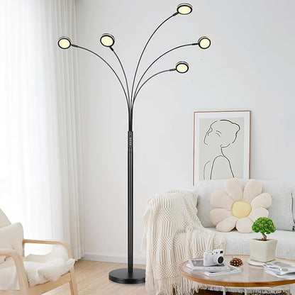 LED Arc Floor Lamp with Remote, 2250LM Dimmable Floor Lamp with Timer, Adjustable Colors, Brightness & 5 Adjustable Arms,Multi-Head Tall Tree Standing Lamp for Living Room Bedroom Corner Office, Black