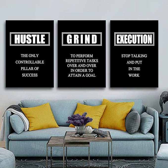 Motivational Poster Grind Hustle Execution Inspirational Wall Art Painting 3 Pieces Canvas Print Office Decor Inspiring Quotes Framed Artwork Home Living Room Decoration Ready to Hang [60''W x 28''H]