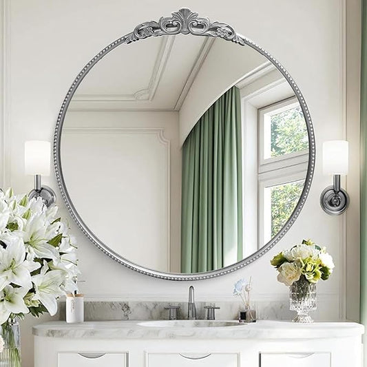 30'' Antique Silver Round Wall Mirror with Metal Flower Carving Frame, Small Vintage Retro Baroque Mirror Ornate, Vanity Mirror for Bathroom, Fireplace,Entryway, Living Room