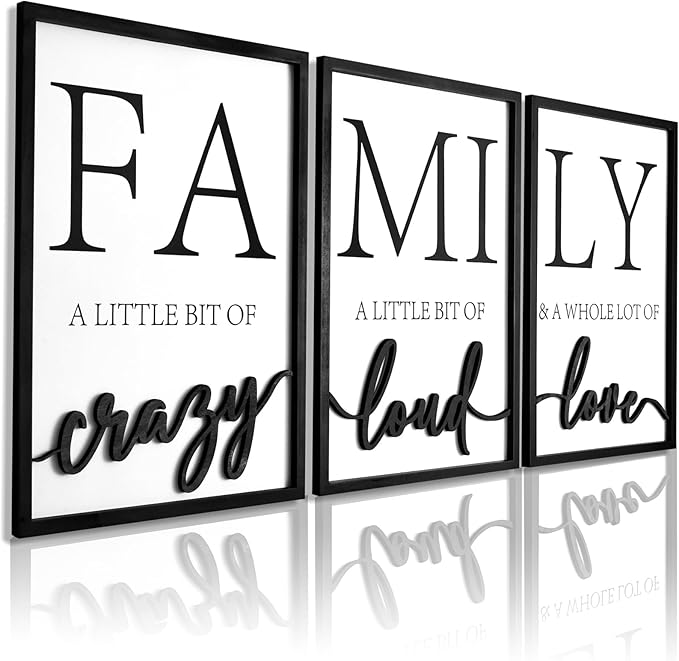 3D Wood Family Wall Decor, 48" x 24" Framed Family Sign Wall Art, 3D Pictures for Living Room (Ready to Hang, 16x24 inches, Set of 3, Framed)