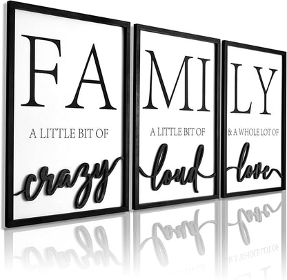 3D Wood Family Wall Decor, 48" x 24" Framed Family Sign Wall Art, 3D Pictures for Living Room (Ready to Hang, 16x24 inches, Set of 3, Framed)