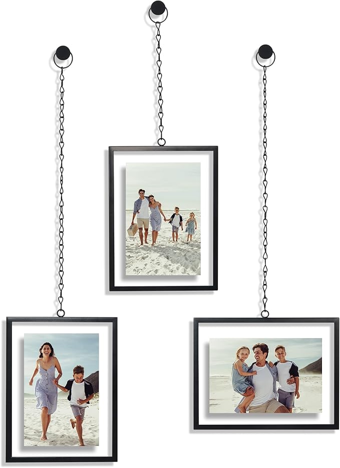 Americanflat Metal Floating Frame with Chain - Set of 3 - Use as 4x6 Picture Frame - Pressed Flower Display for Wall Decor - Elegant Black Molding with Shatter-Resistant Glass