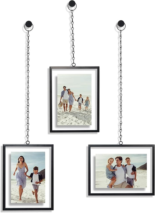 Americanflat Metal Floating Frame with Chain - Set of 3 - Use as 4x6 Picture Frame - Pressed Flower Display for Wall Decor - Elegant Black Molding with Shatter-Resistant Glass