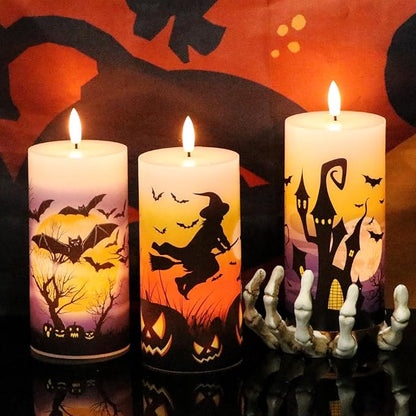 Halloween Flameless LED Candles Battery Operated with Remote and Timer, Real Wax Flickering Pillar Candles 3D Wick Dimmable Light Castle Witch Bats Halloween Decor(3 Pack, 3 x 6 Inches)