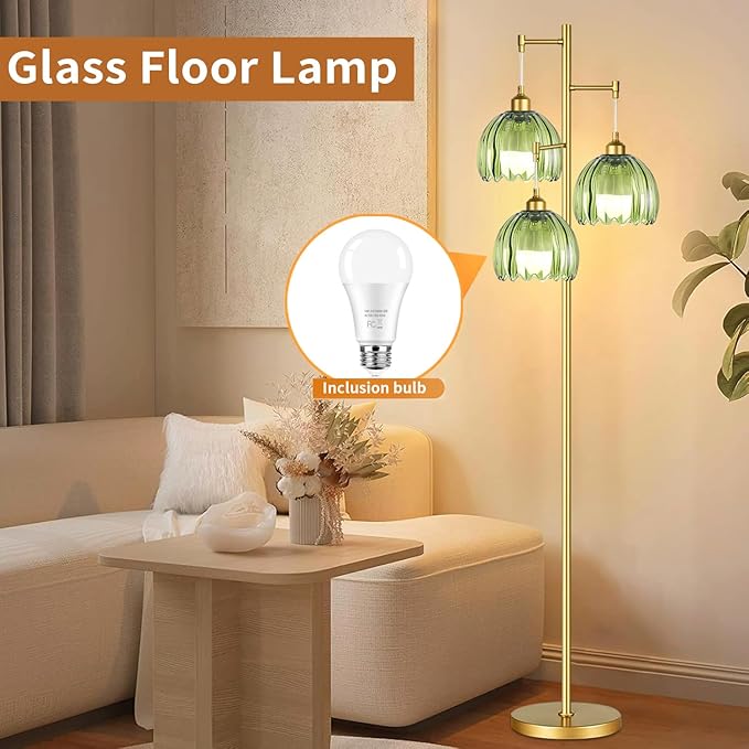 AHDWDW Gold Floor Lamp for Living Room Bedroom,Modern Tree Floor Lamps with Green Glass Shades,68IN Tall Standing Lamp with Bulbs,3 Lights Mid Century Vintage Floor Lamp for Corner Office Reading